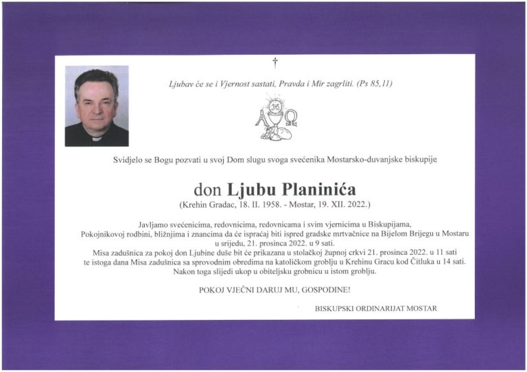 Osmrtnica don Ljubo Planinić