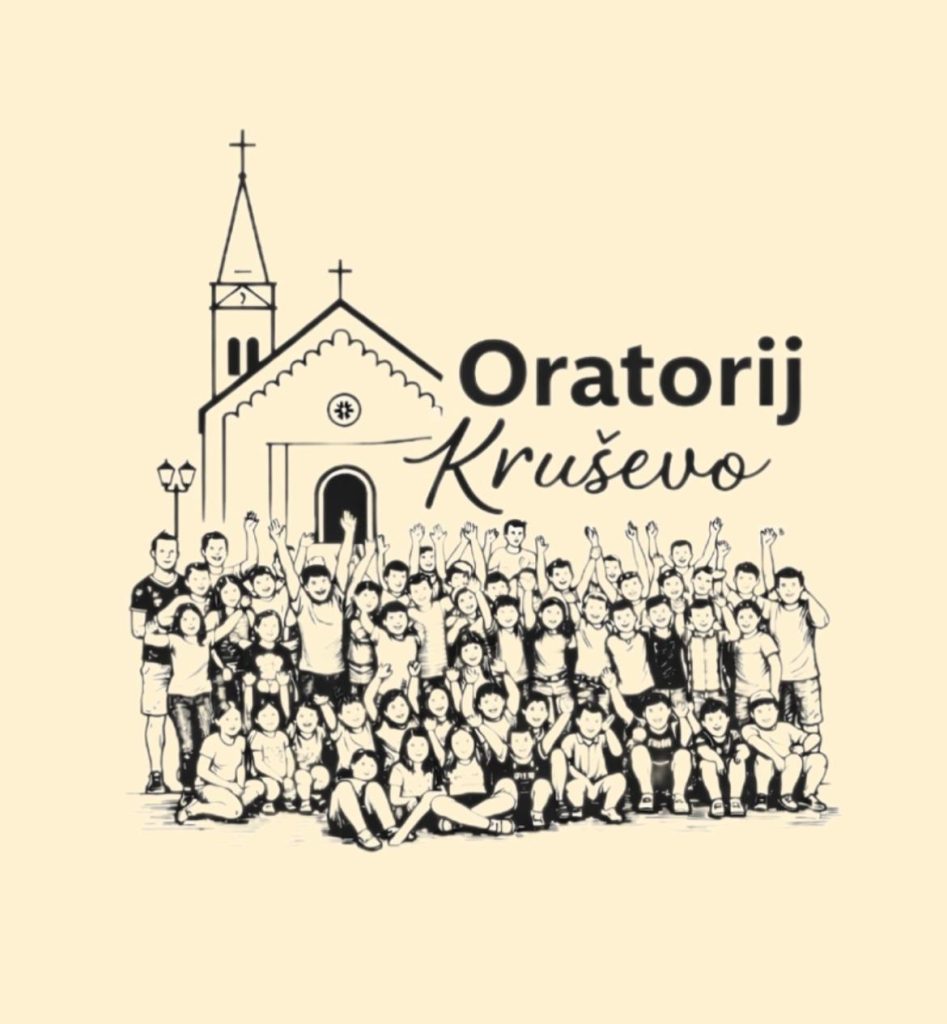 Oratorij, djeca ispred crkve grafika.